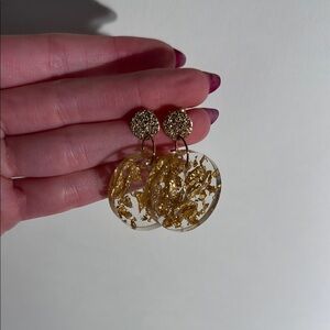 Elegant Gold Leaf Lucite Dangle Post Back Earrings